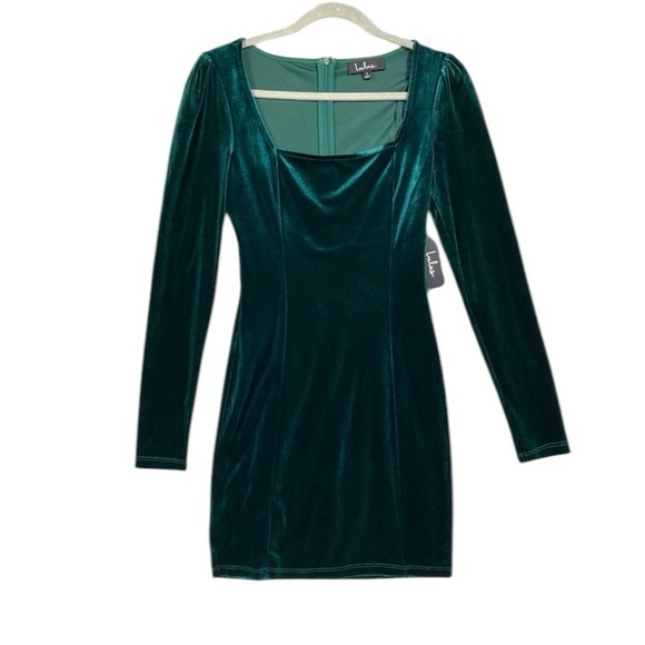 NEW Lulus Square Neck Velvet Velour Long Sleeve Dress Womens Size Small Emerald - Picture 1 of 7